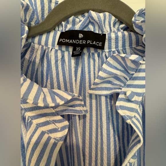 L1. Pomander Place Tuckernuck Stripe Seersucker Blue Long Sleeve Ruffle Collar - Picture 2 of 5